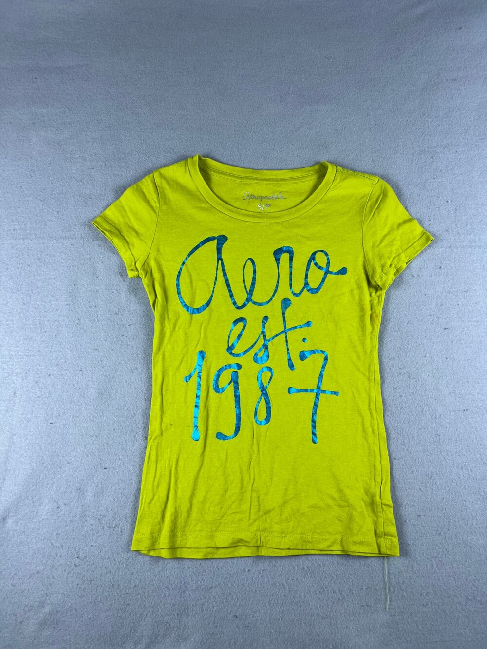 Aeropostale Y2K Top Women S Yellow Spellout Metallic Foil Graphics Aero Est 1987